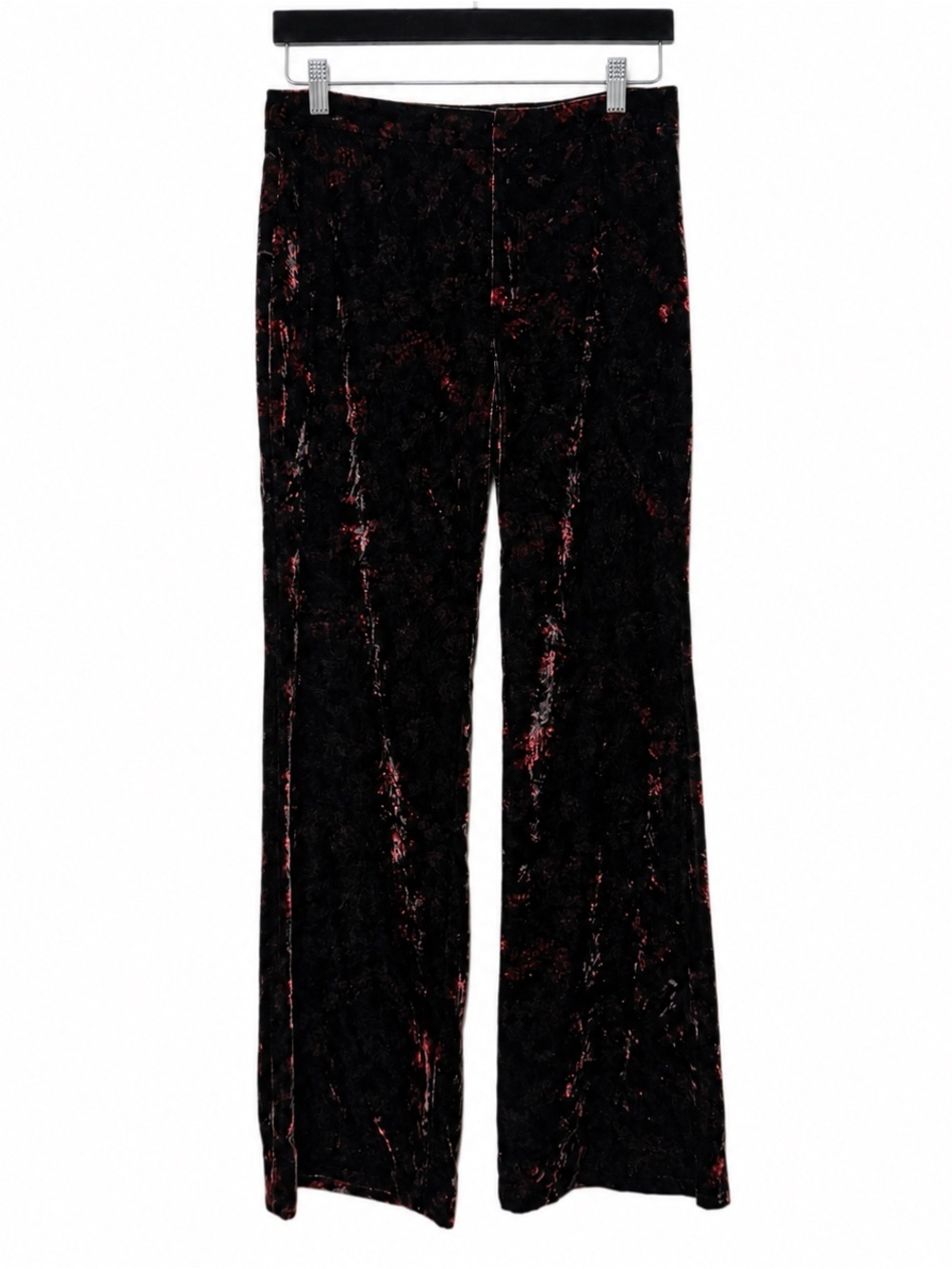 Zara Black Burgundy Floral Romantic Velvet Pants Size S Straight Leg Holiday